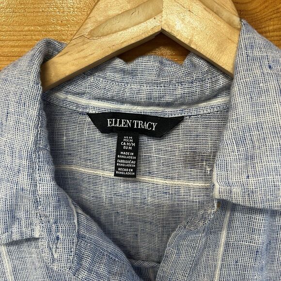 Ellen Tracy Womens 100% Linen Roll Tab Sleeve Popover Blouse Blue Size M - Picture 2 of 6